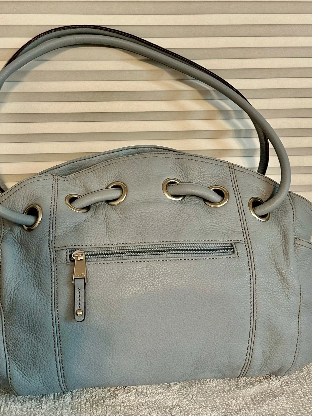 Tignanello Light Blue Pebbled Leather Shoulder Bag with Silver Plaque